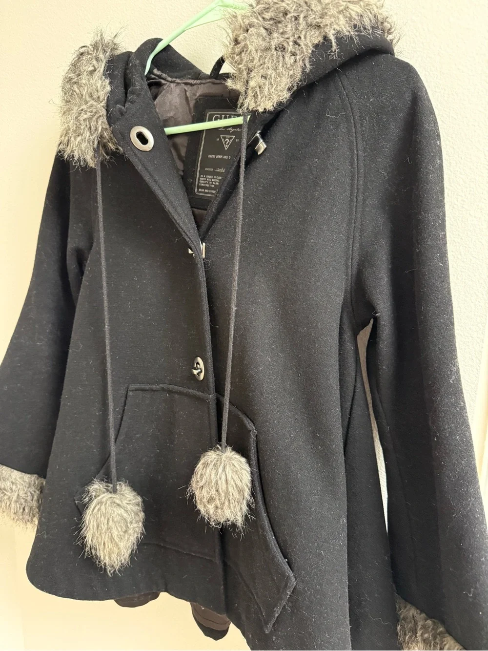 GUESS Black Wool Blend Winter Coat with Faux Fur Trim - Size XS